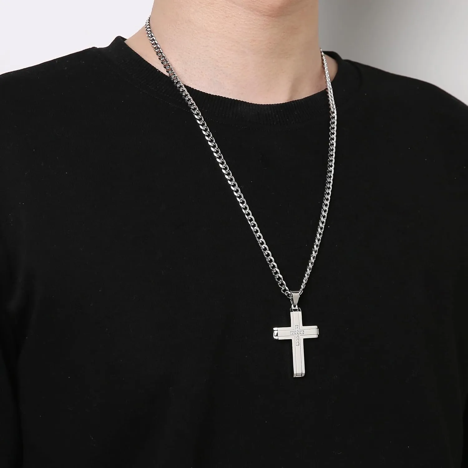 HZMAN Cross Necklace for Men Stainless Steel High Polished Minimalist Cross Necklace Pendant Christian Jewelry Gift with 24Inch Cuban Chain