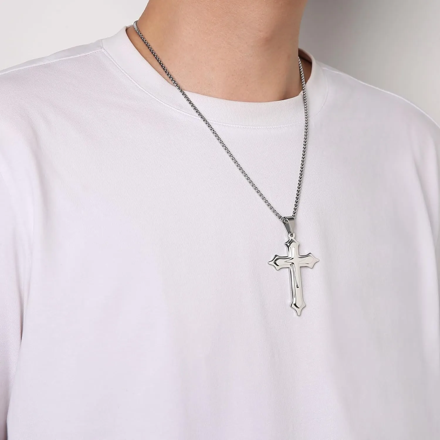 HZMAN Cross Necklace for Men Stainless Steel High Polished Multilayer Cross Necklace Pendant Christian Jewelry Gift with 24Inch Chain