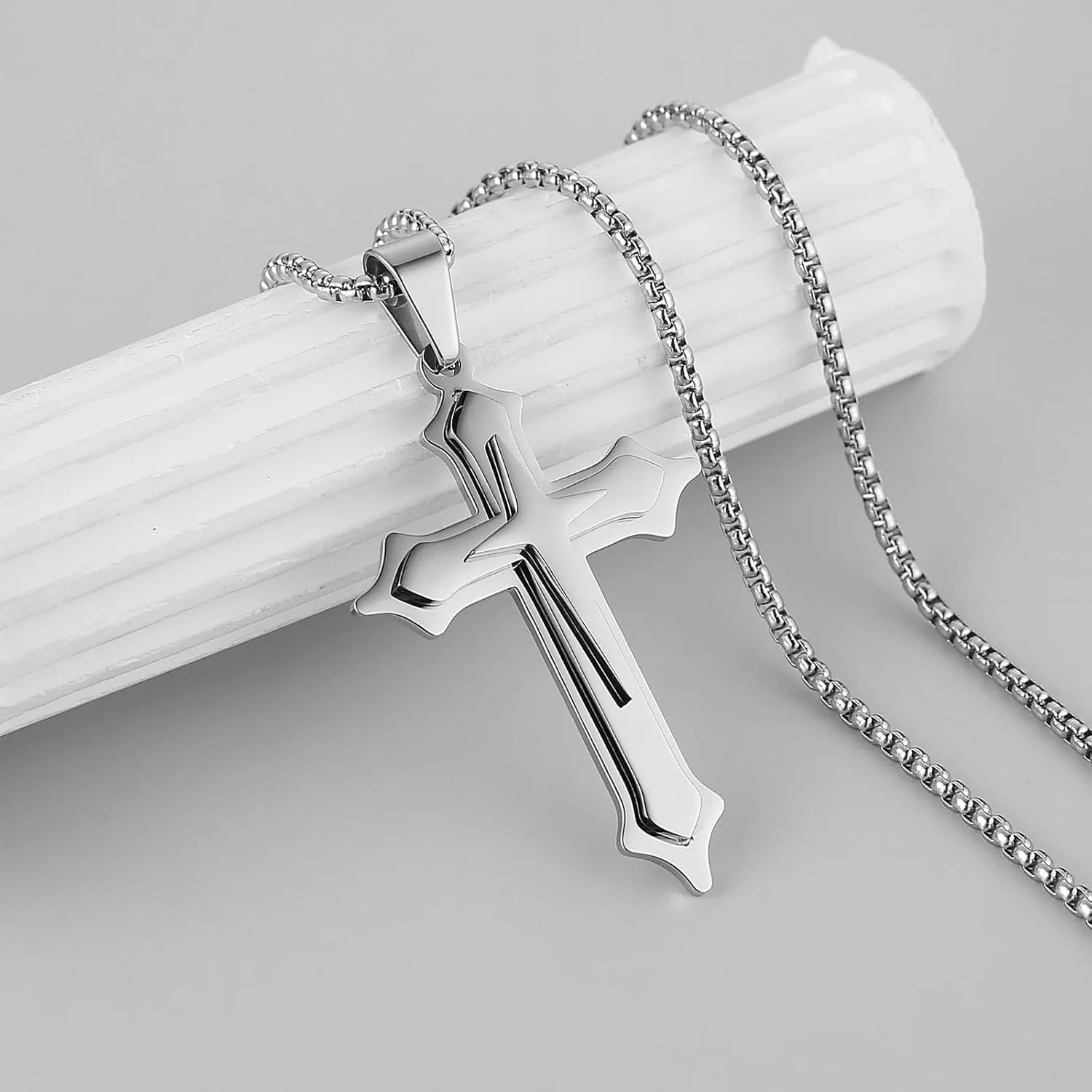 HZMAN Cross Necklace for Men Stainless Steel High Polished Multilayer Cross Necklace Pendant Christian Jewelry Gift with 24Inch Chain