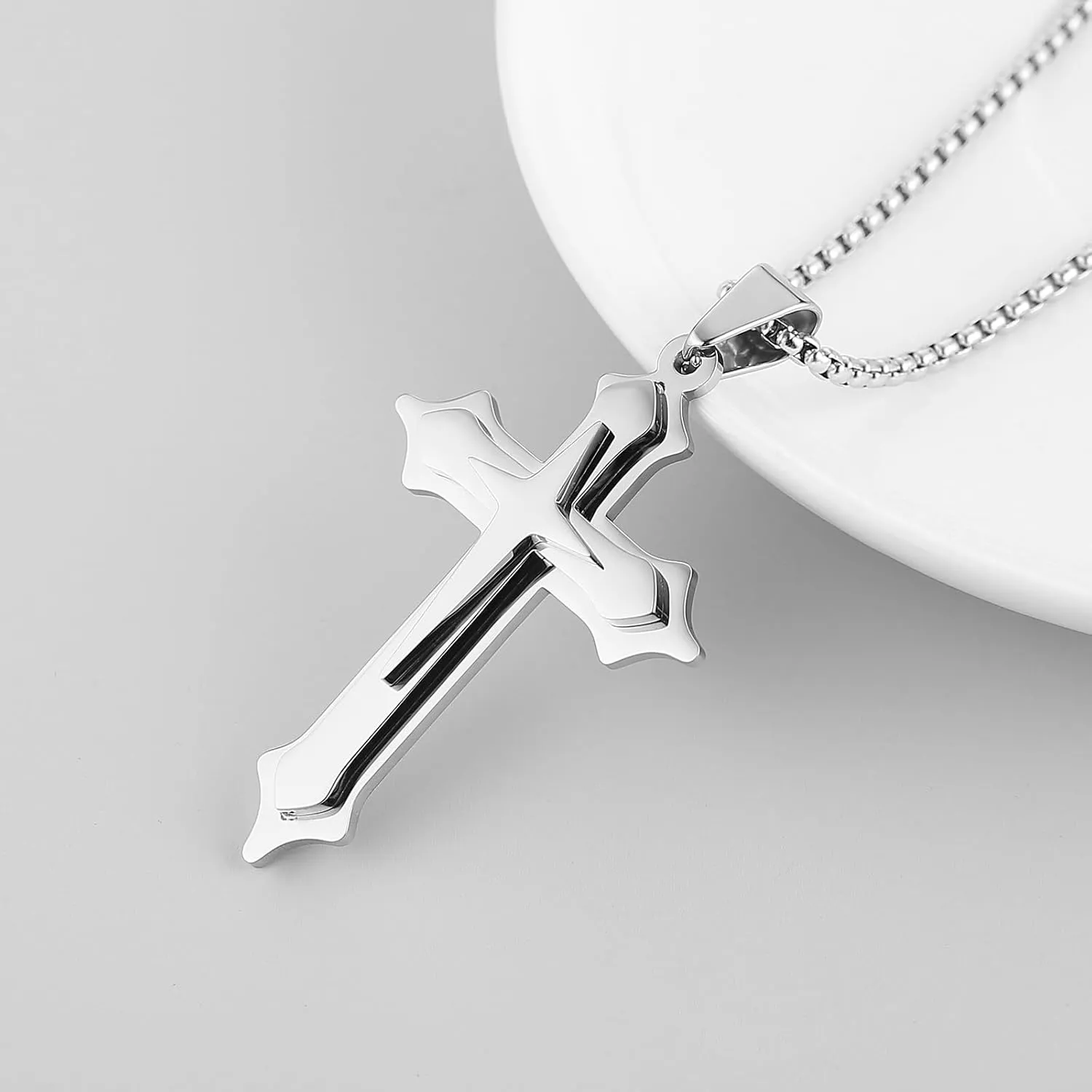HZMAN Cross Necklace for Men Stainless Steel High Polished Multilayer Cross Necklace Pendant Christian Jewelry Gift with 24Inch Chain