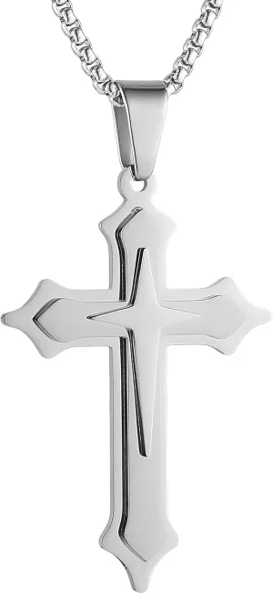 HZMAN Cross Necklace for Men Stainless Steel High Polished Multilayer Cross Necklace Pendant Christian Jewelry Gift with 24Inch Chain