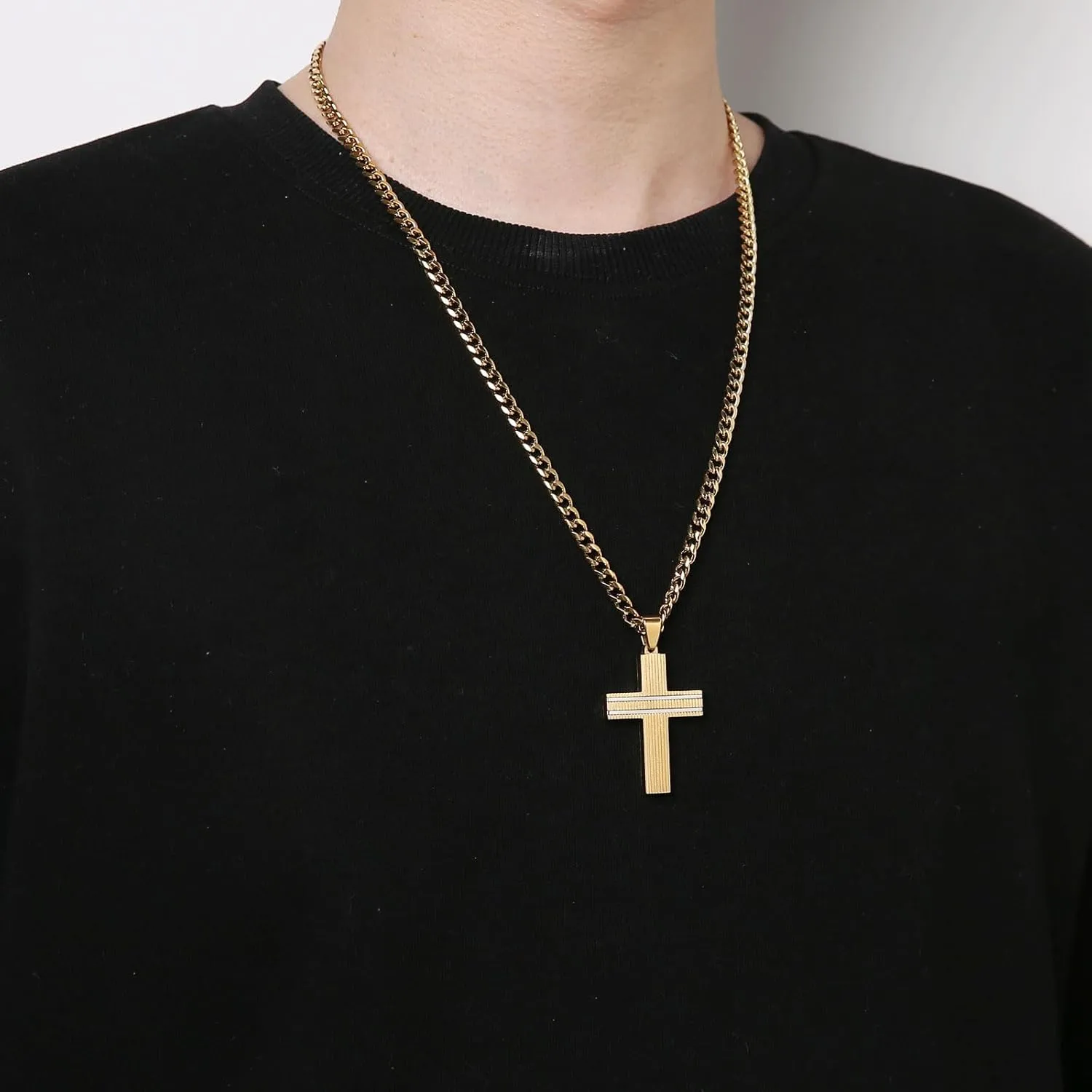 HZMAN Cross Necklace for Men Stainless Steel Minimalist Small Crucifix Necklace with 24In Cuban Chain