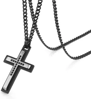 HZMAN Cross Necklace for Men Stainless Steel Polished Double Layer Crucifix Necklace with 24Inch Cuban Chain
