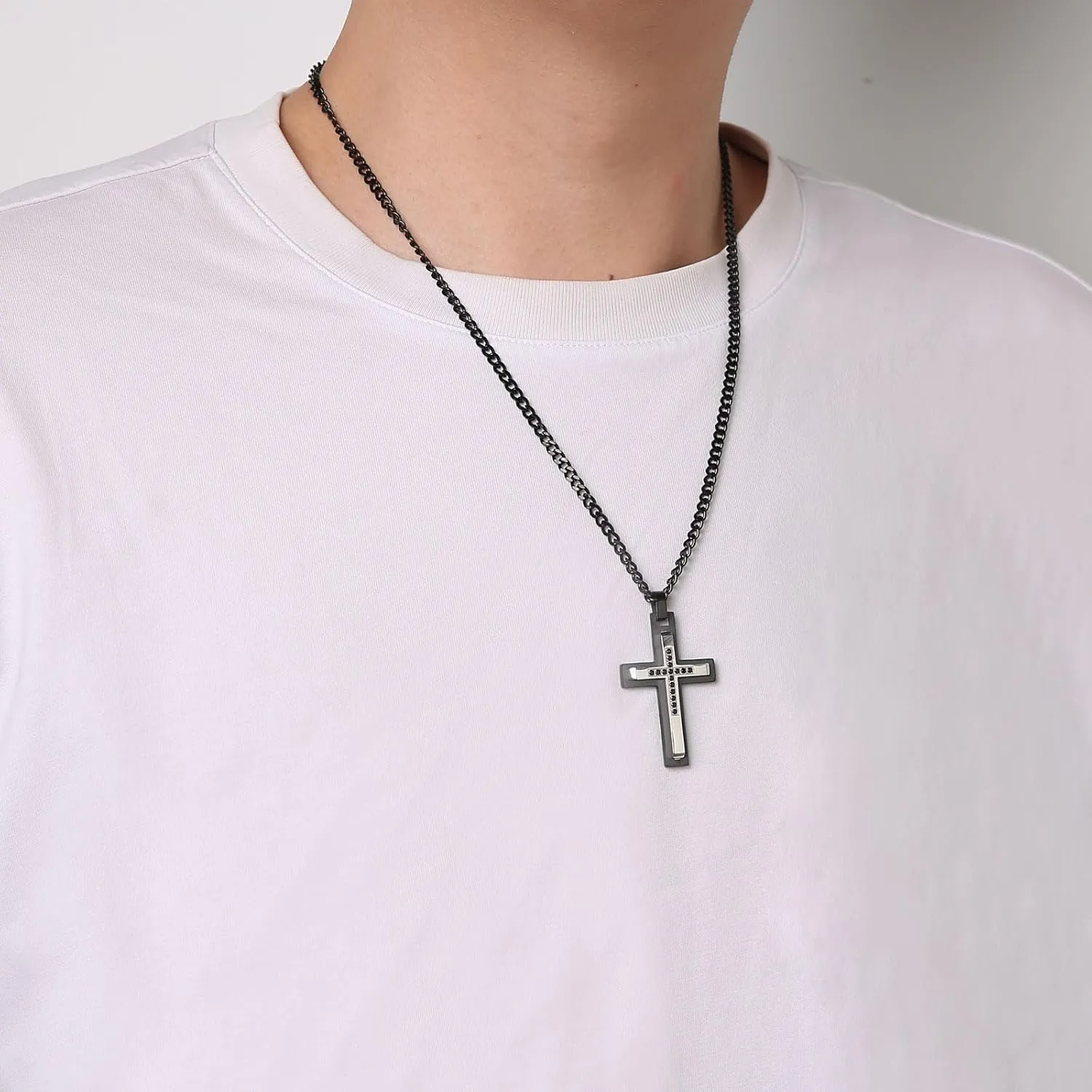 HZMAN Cross Necklace for Men Stainless Steel Polished Double Layer Crucifix Necklace with 24Inch Cuban Chain