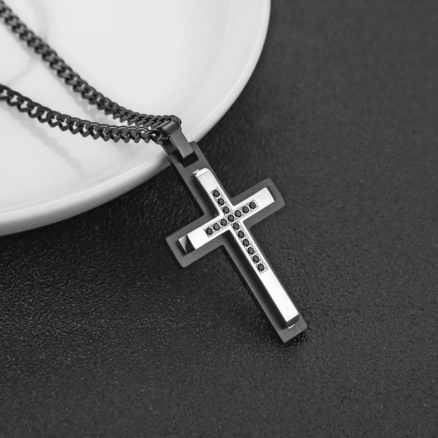 HZMAN Cross Necklace for Men Stainless Steel Polished Double Layer Crucifix Necklace with 24Inch Cuban Chain