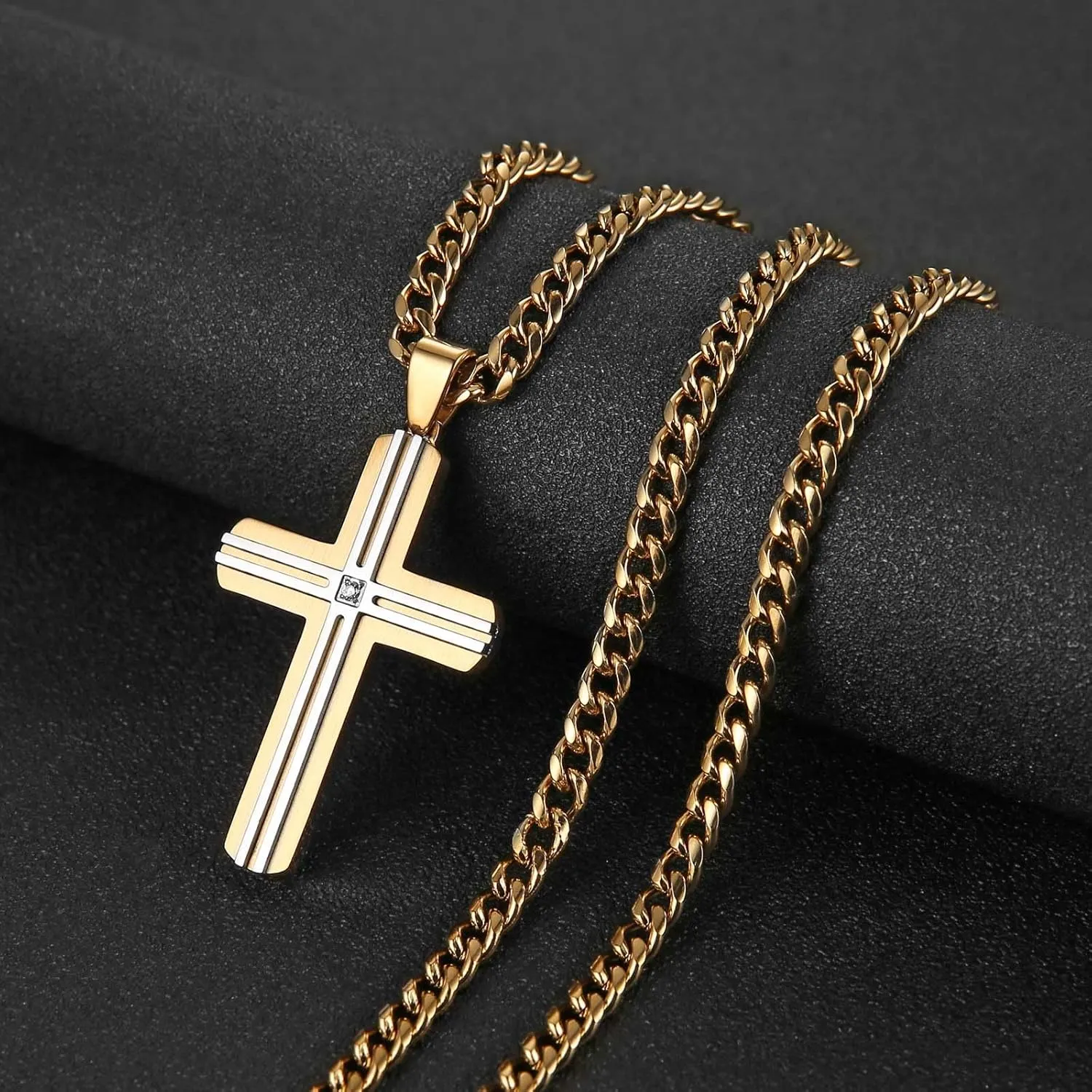 HZMAN Cross Necklace for Men Women Stainless Steel High Polished Double Layer Cross Necklace Pendant Christian Jewelry Gift with 24Inch Cuban Chain