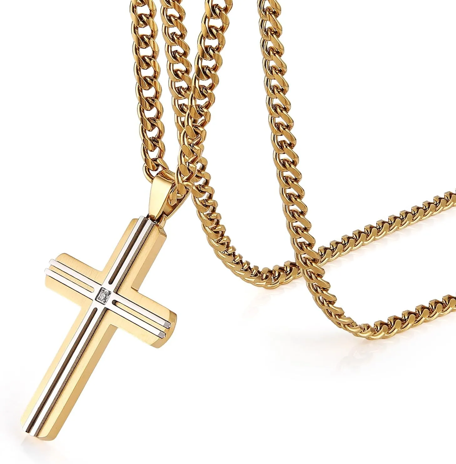 HZMAN Cross Necklace for Men Women Stainless Steel High Polished Double Layer Cross Necklace Pendant Christian Jewelry Gift with 24Inch Cuban Chain