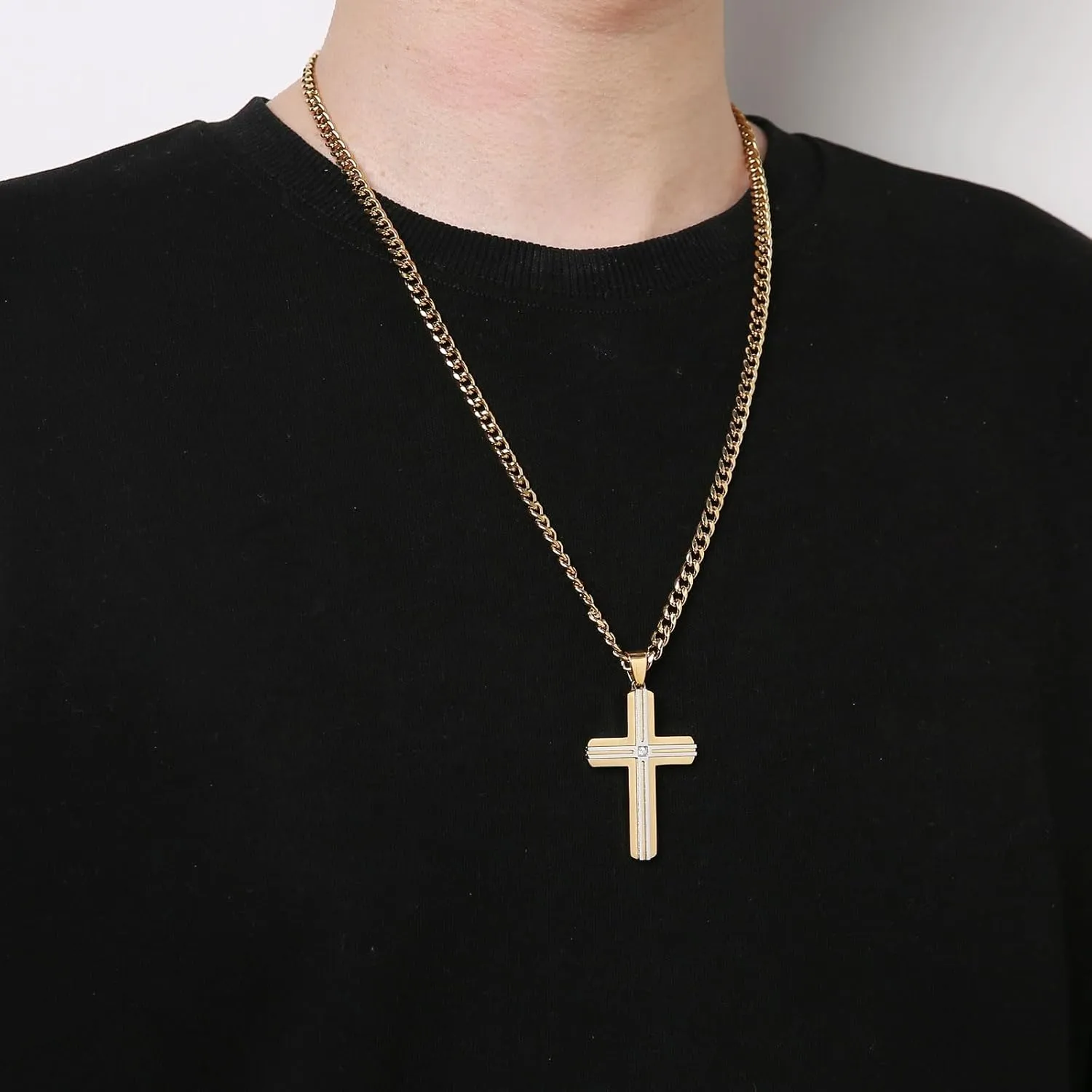 HZMAN Cross Necklace for Men Women Stainless Steel High Polished Double Layer Cross Necklace Pendant Christian Jewelry Gift with 24Inch Cuban Chain