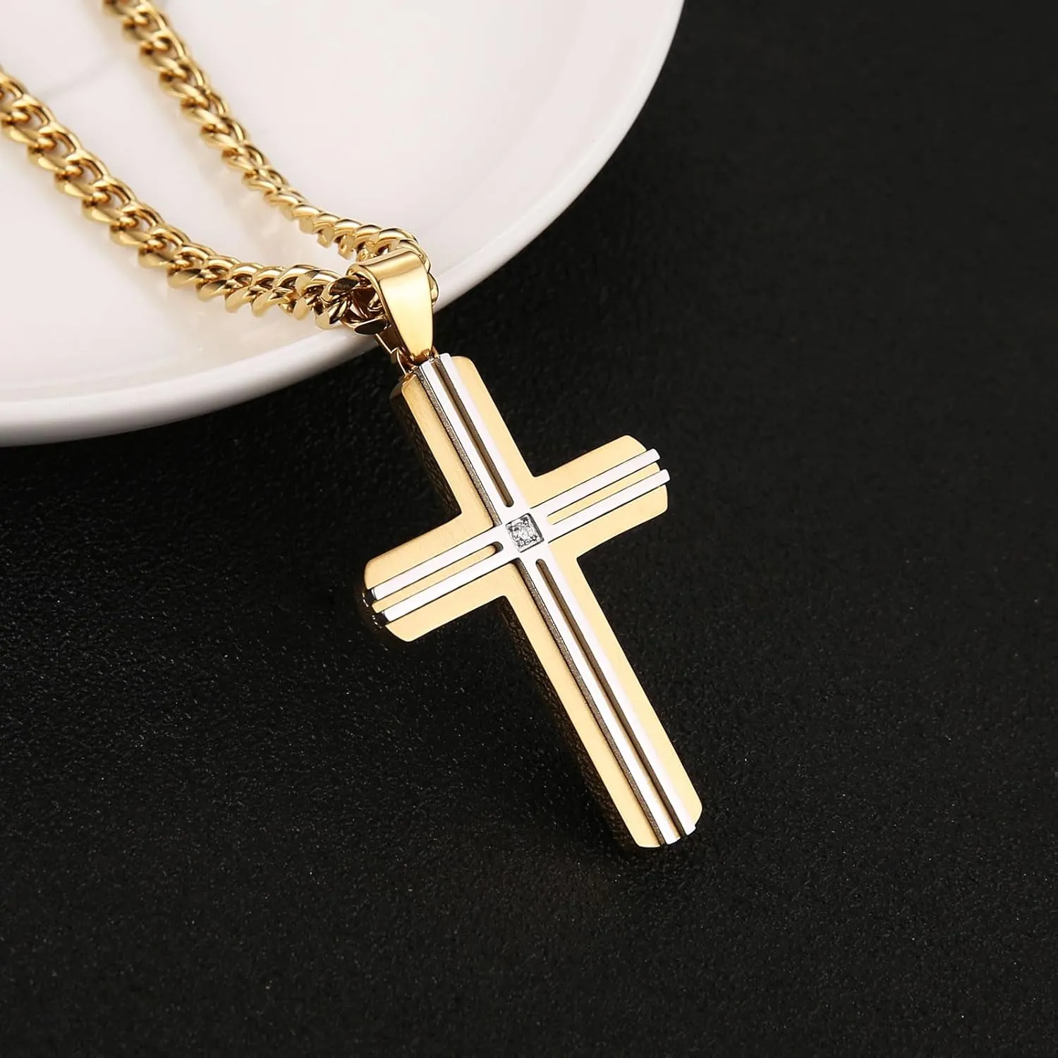 HZMAN Cross Necklace for Men Women Stainless Steel High Polished Double Layer Cross Necklace Pendant Christian Jewelry Gift with 24Inch Cuban Chain
