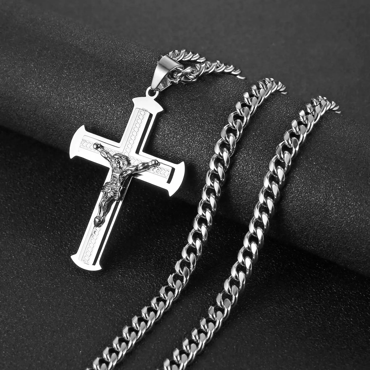 HZMAN Jesus Cross Necklace for Men Stainless Steel Large Crucifix Cross Necklace Pendant Christian Jewelry Gift with 24Inch Cuban Chain