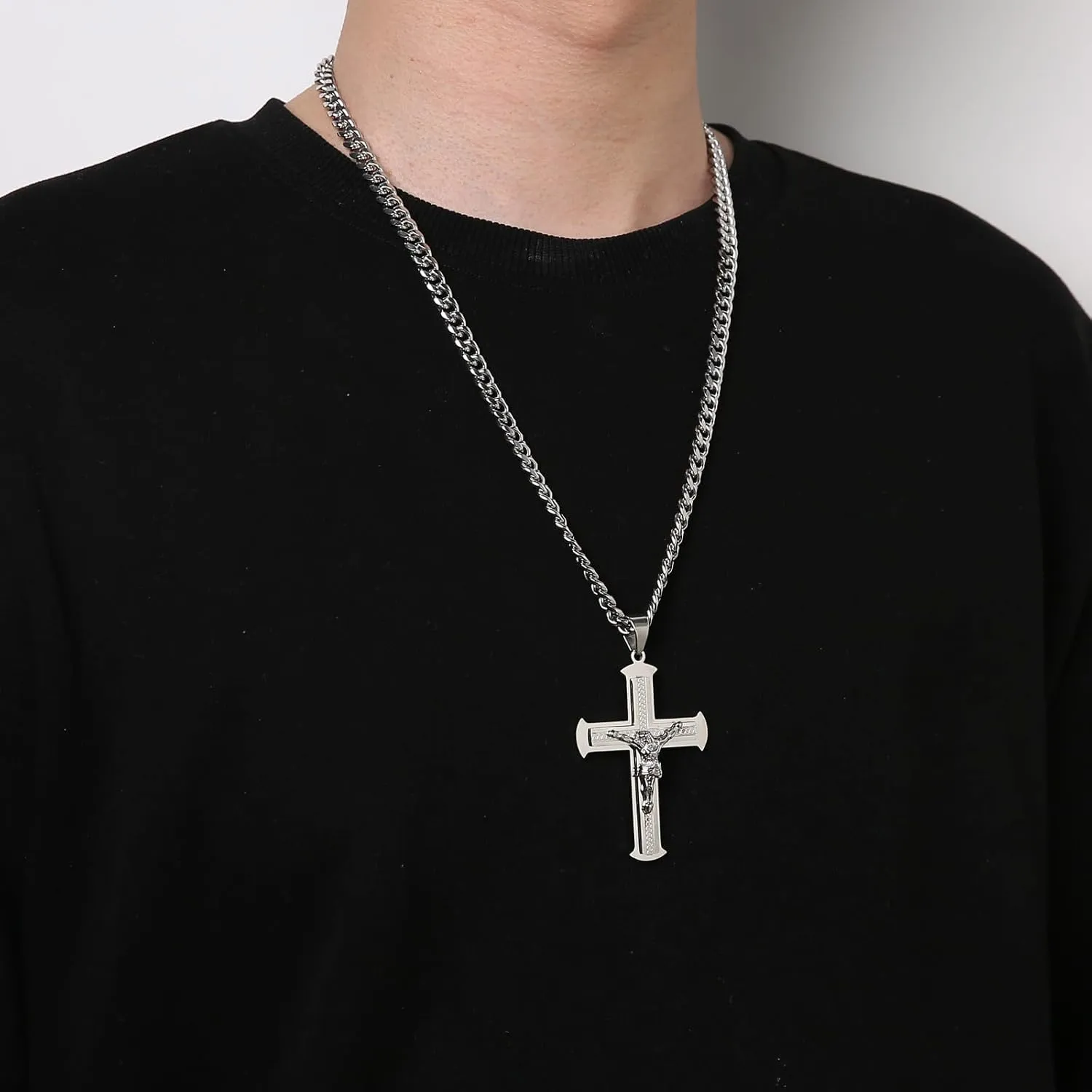 HZMAN Jesus Cross Necklace for Men Stainless Steel Large Crucifix Cross Necklace Pendant Christian Jewelry Gift with 24Inch Cuban Chain