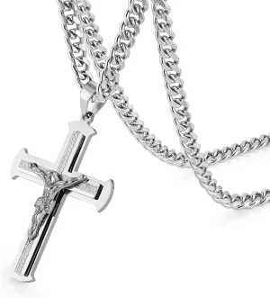 HZMAN Jesus Cross Necklace for Men Stainless Steel Large Crucifix Cross Necklace Pendant Christian Jewelry Gift with 24Inch Cuban Chain