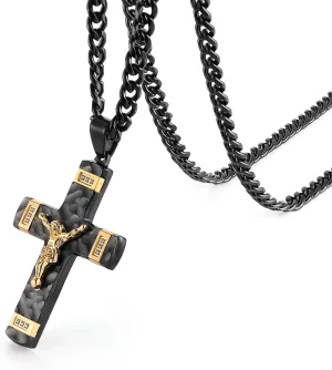 HZMAN Jesus Cross Necklace for Men Stainless Steel Small Crucifix Cross Necklace Pendant Christian Jewelry Gift with 24Inch Cuban Chain