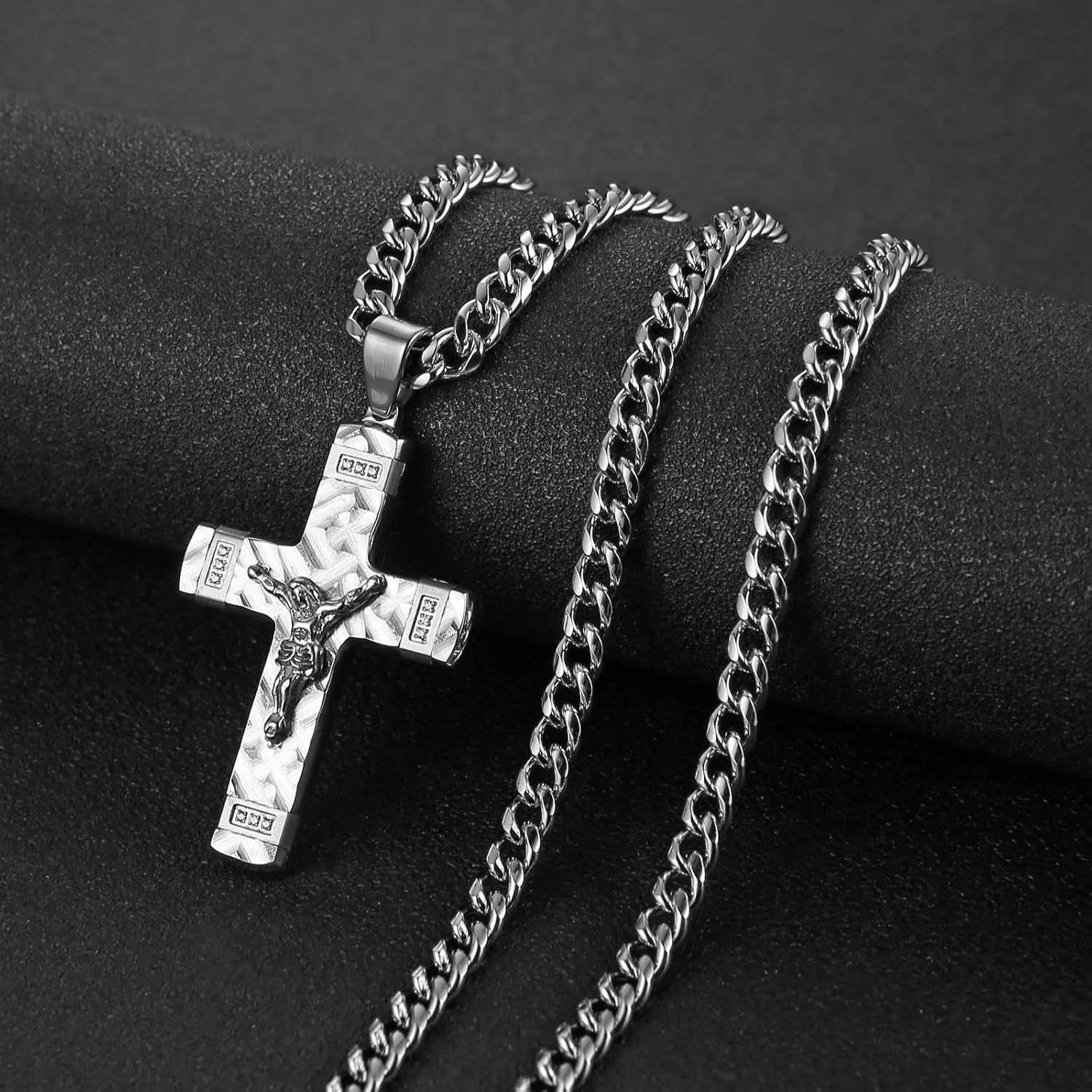 HZMAN Jesus Cross Necklace for Men Stainless Steel Small Crucifix Cross Necklace Pendant Christian Jewelry Gift with 24Inch Cuban Chain