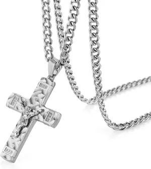 HZMAN Jesus Cross Necklace for Men Stainless Steel Small Crucifix Cross Necklace Pendant Christian Jewelry Gift with 24Inch Cuban Chain