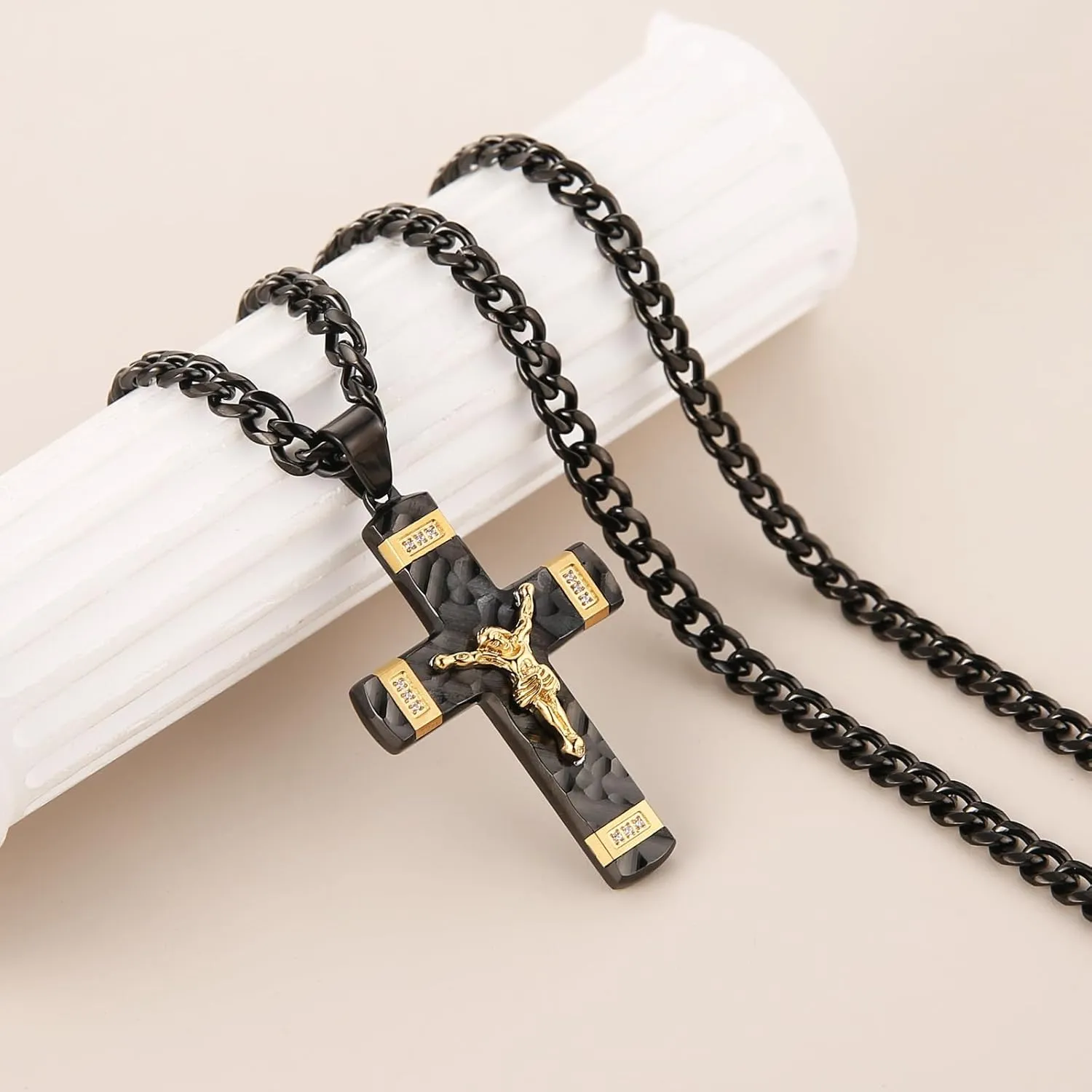 HZMAN Jesus Cross Necklace for Men Stainless Steel Small Crucifix Cross Necklace Pendant Christian Jewelry Gift with 24Inch Cuban Chain