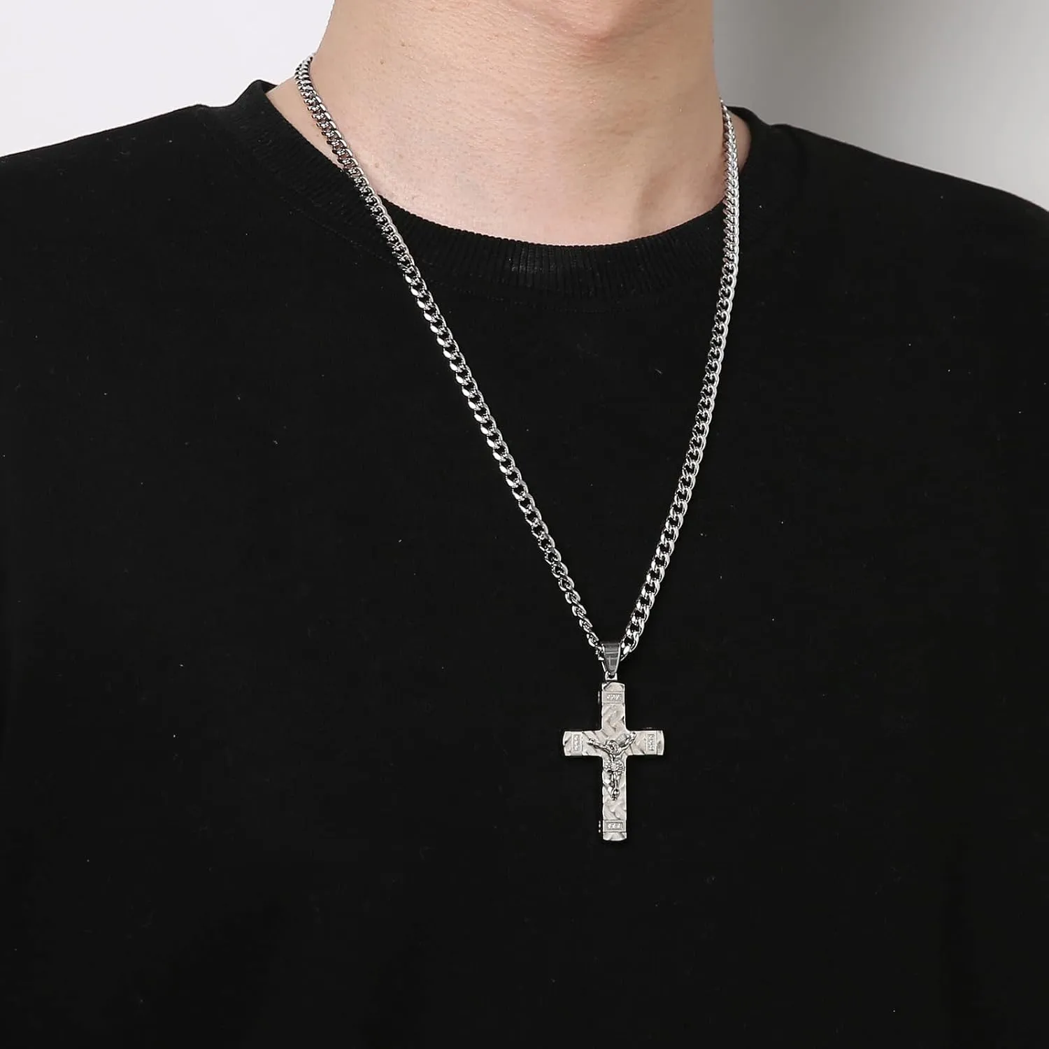 HZMAN Jesus Cross Necklace for Men Stainless Steel Small Crucifix Cross Necklace Pendant Christian Jewelry Gift with 24Inch Cuban Chain