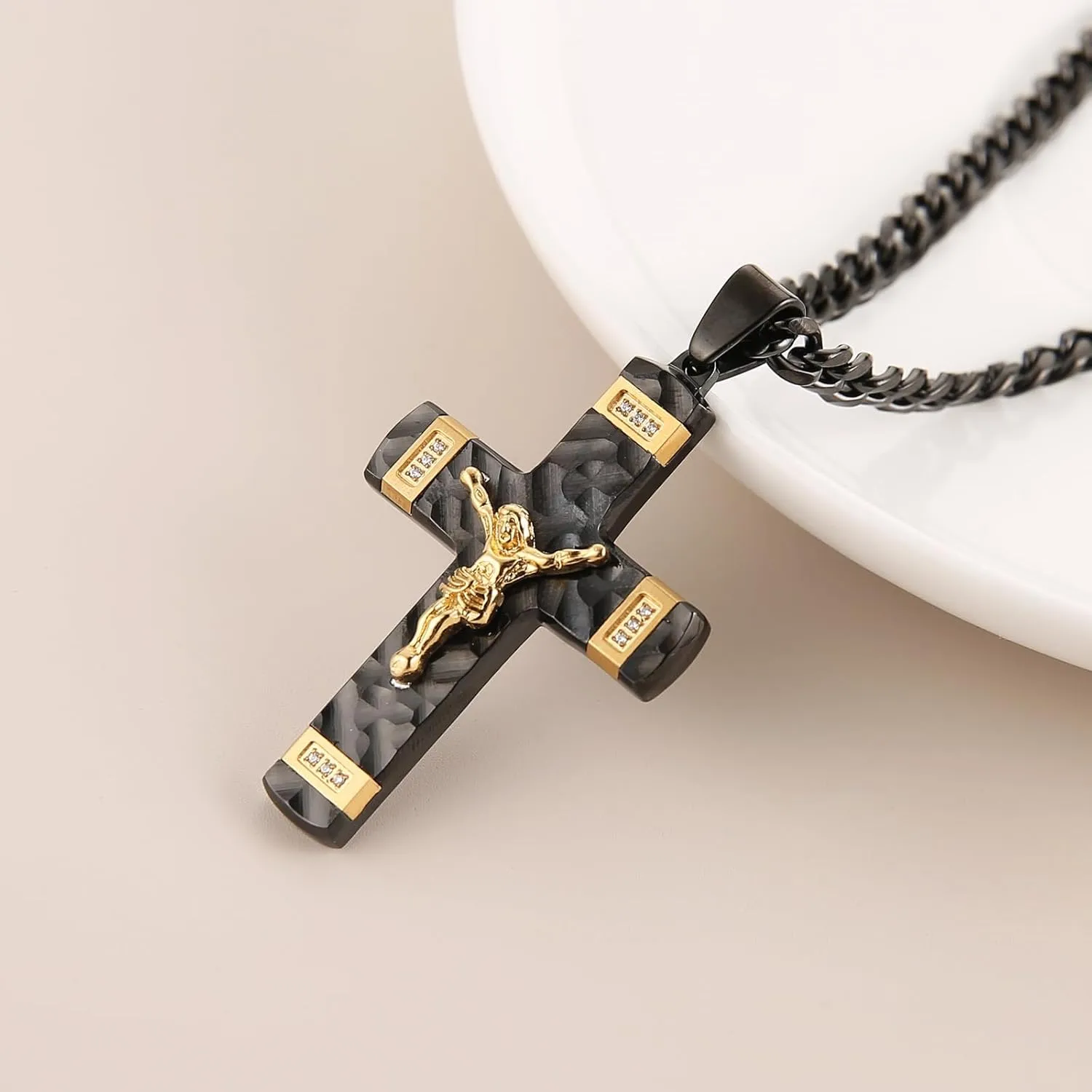HZMAN Jesus Cross Necklace for Men Stainless Steel Small Crucifix Cross Necklace Pendant Christian Jewelry Gift with 24Inch Cuban Chain