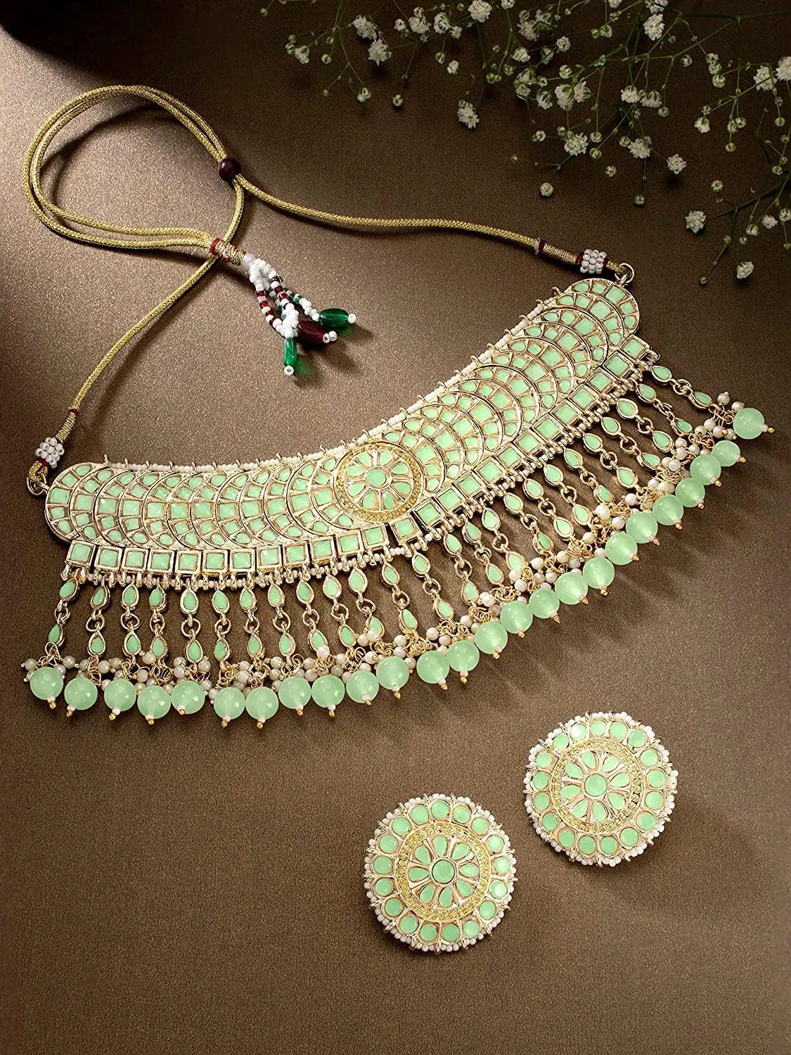 I Jewels Gold Plated Indian Wedding Bollywood Kundan & Pearl Studded Choker Necklace Jewellery Set For Women (K7210-1)
