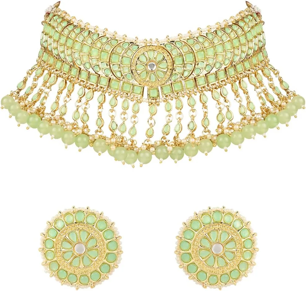 I Jewels Gold Plated Indian Wedding Bollywood Kundan & Pearl Studded Choker Necklace Jewellery Set For Women (K7210-1)