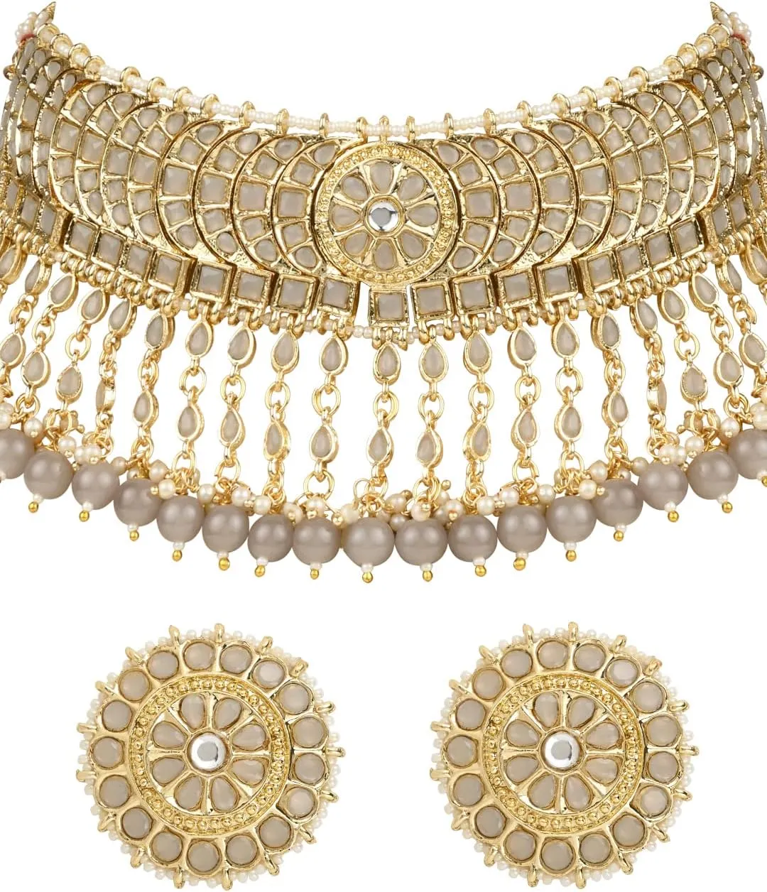 I Jewels Gold Plated Indian Wedding Bollywood Kundan & Pearl Studded Choker Necklace Jewellery Set For Women (K7210-1)