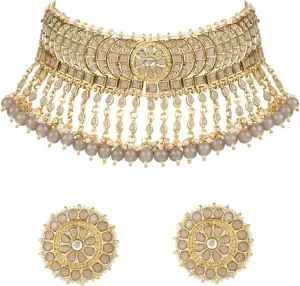I Jewels Gold Plated Indian Wedding Bollywood Kundan & Pearl Studded Choker Necklace Jewellery Set For Women (K7210-1)