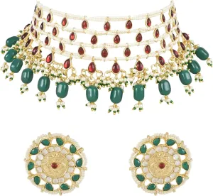 I Jewels Gold Plated Indian Wedding Bollywood Kundan & Stone Handcrafted Pearl Choker Necklace Jewellery With Stud Earrings Set For Women (ML324MG)