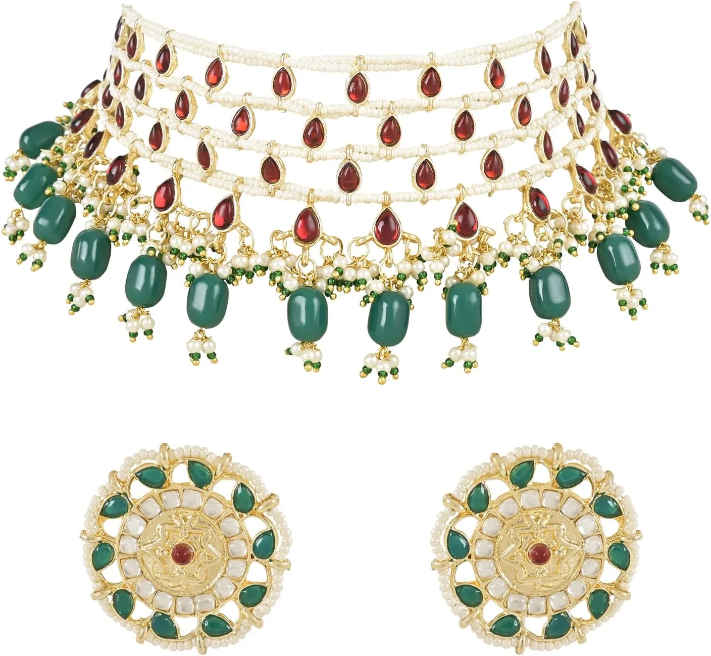 I Jewels Gold Plated Indian Wedding Bollywood Kundan & Stone Handcrafted Pearl Choker Necklace Jewellery With Stud Earrings Set For Women (ML324MG)