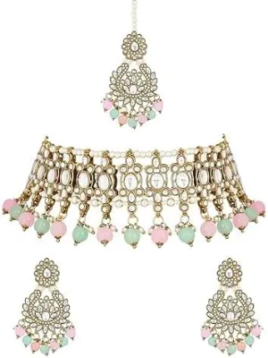 I Jewels Gold Plated Indian Wedding Bollywood Kundan Pearl Drop Choker Necklace Jewellery With Earrings & Maang Tikka Set For Women (K7276)