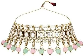 I Jewels Gold Plated Indian Wedding Bollywood Kundan Pearl Drop Choker Necklace Jewellery With Earrings & Maang Tikka Set For Women (K7276)
