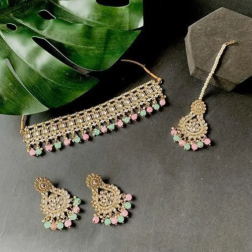 I Jewels Gold Plated Indian Wedding Bollywood Kundan Pearl Drop Choker Necklace Jewellery With Earrings & Maang Tikka Set For Women (K7276)