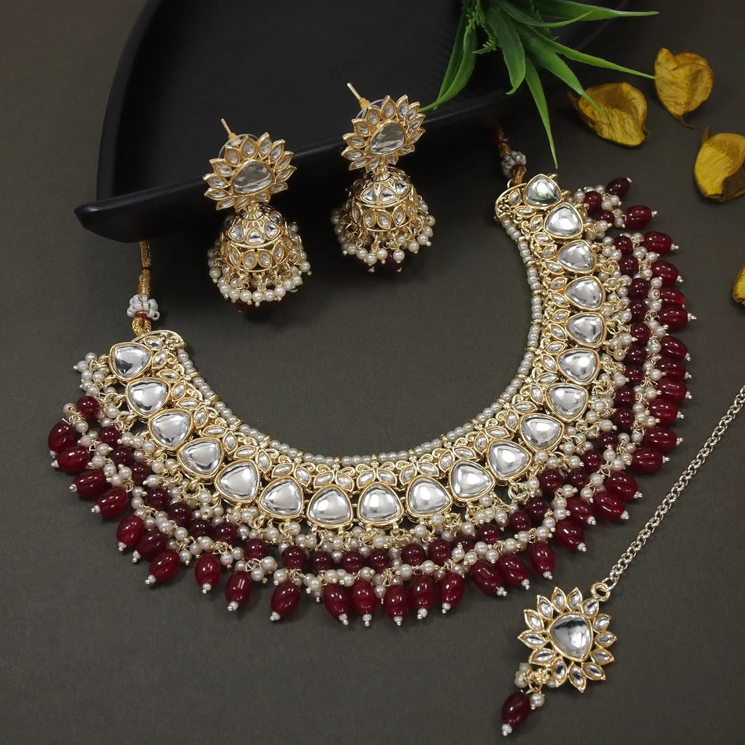 I Jewels Gold Plated Indian Wedding Bollywood Kundan Pearl Meenakari Choker Necklace Jewellery With Dangle Earrings Set For Women