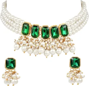 I Jewels Gold Plated Indian Wedding Bollywood Stone studed Pearl Choker Necklace Jewellery Set with Earrings for Women (IJ355)