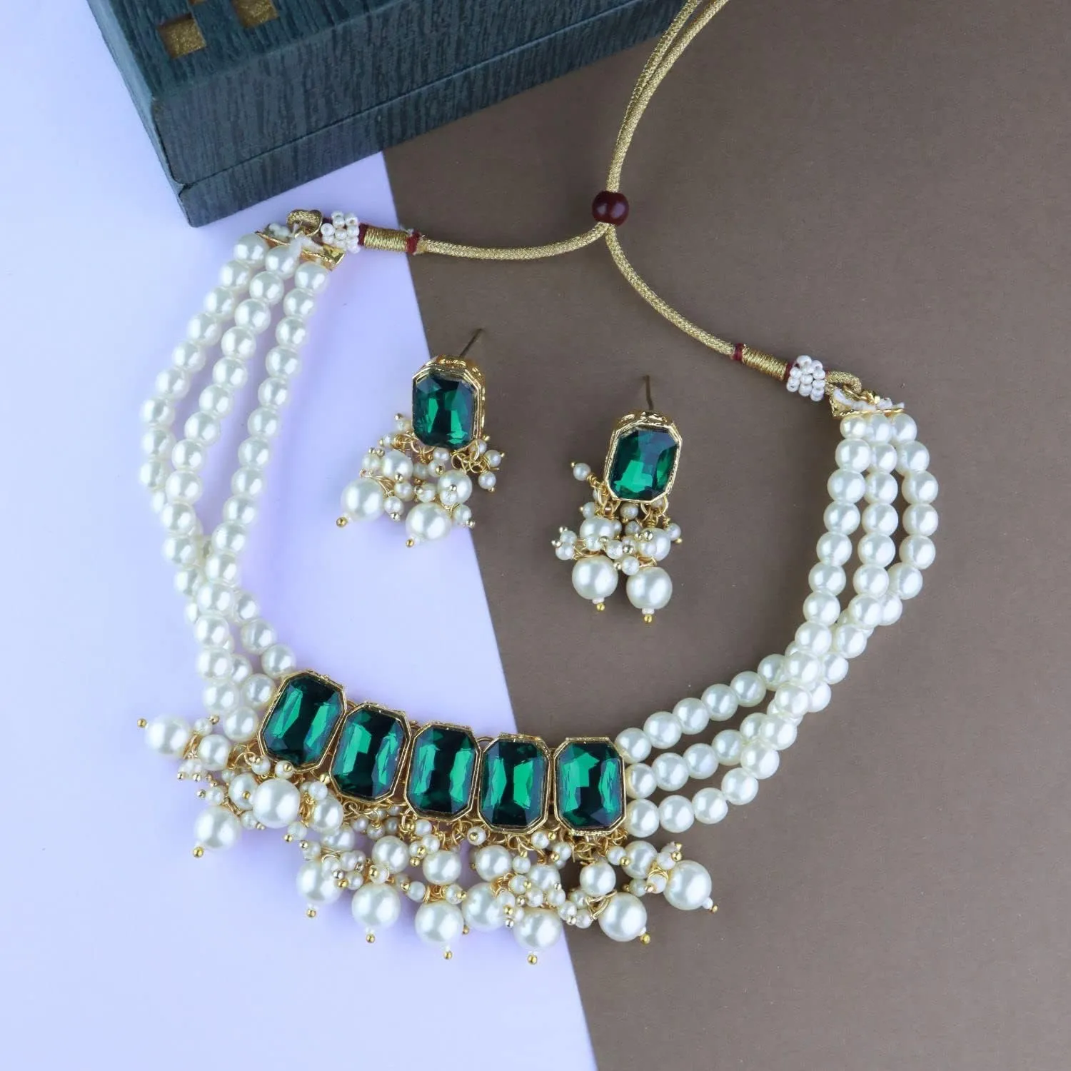 I Jewels Gold Plated Indian Wedding Bollywood Stone studed Pearl Choker Necklace Jewellery Set with Earrings for Women (IJ355)