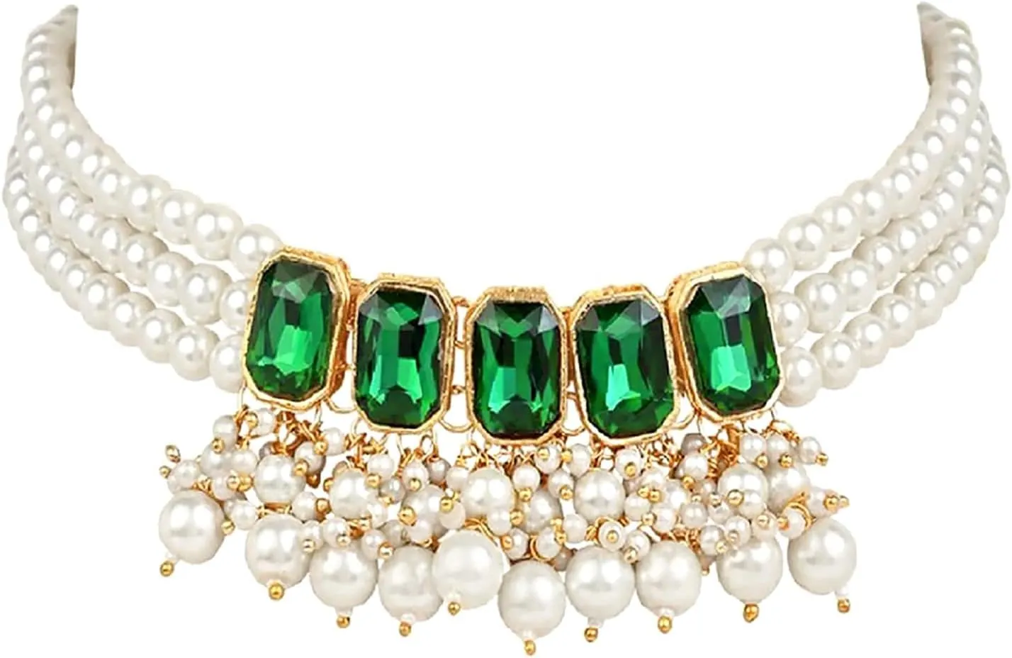 I Jewels Gold Plated Indian Wedding Bollywood Stone studed Pearl Choker Necklace Jewellery Set with Earrings for Women (IJ355)