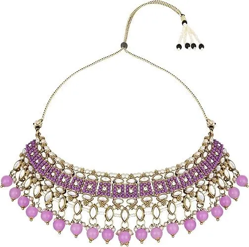 I Jewels Gold Plated Kundan Pearl Drop Choker Necklace Jewellery & Dangle Earrings Set For Women (K7273)