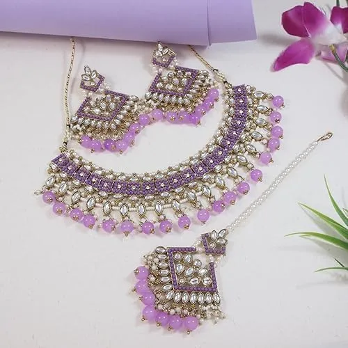 I Jewels Gold Plated Kundan Pearl Drop Choker Necklace Jewellery & Dangle Earrings Set For Women (K7273)