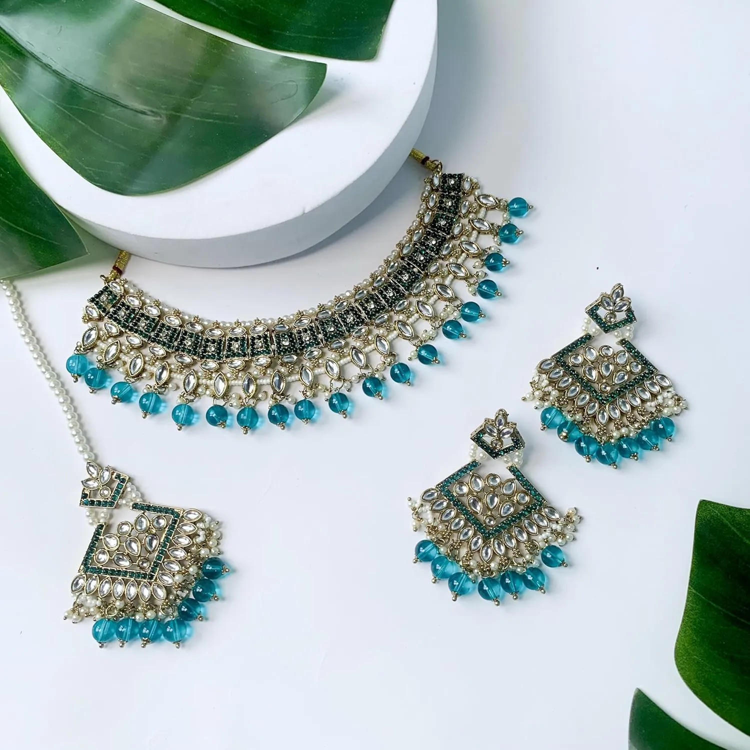 I Jewels Gold Plated Kundan Pearl Drop Choker Necklace Jewellery & Dangle Earrings Set For Women (K7273)