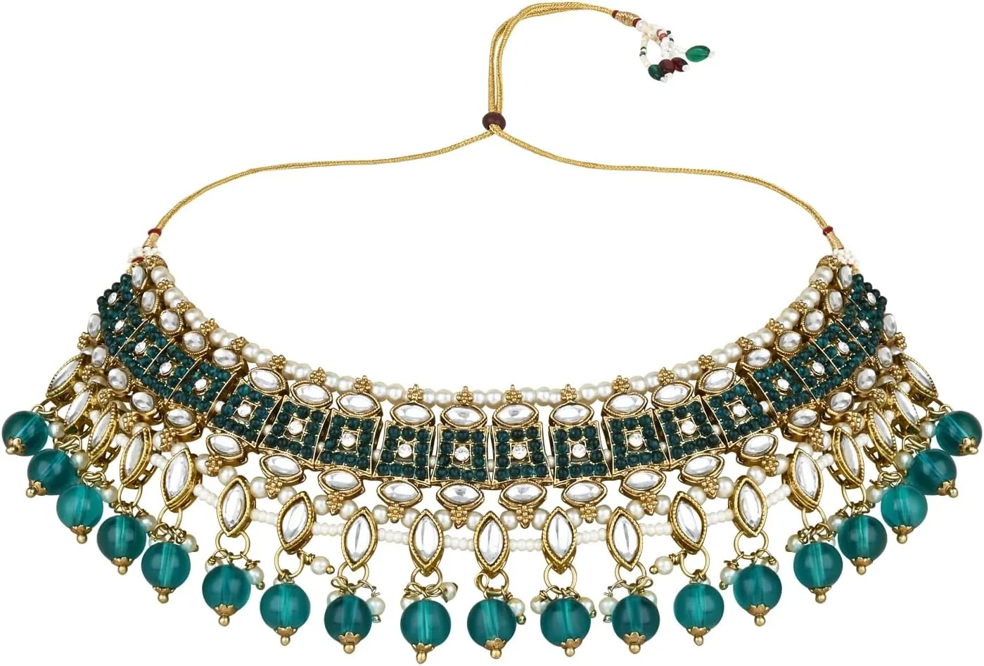 I Jewels Gold Plated Kundan Pearl Drop Choker Necklace Jewellery & Dangle Earrings Set For Women (K7273)