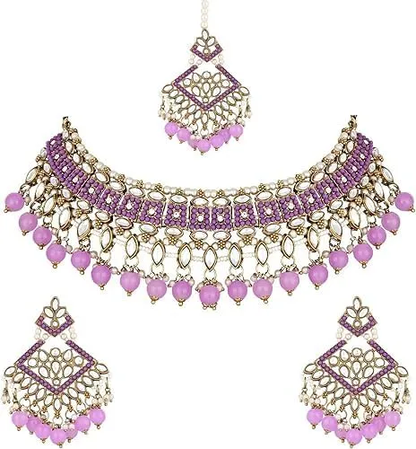 I Jewels Gold Plated Kundan Pearl Drop Choker Necklace Jewellery & Dangle Earrings Set For Women (K7273)