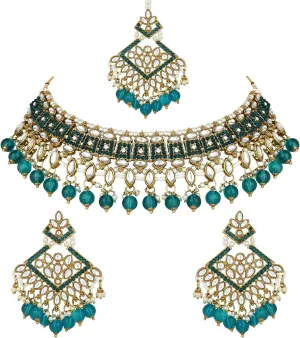 I Jewels Gold Plated Kundan Pearl Drop Choker Necklace Jewellery & Dangle Earrings Set For Women (K7273)