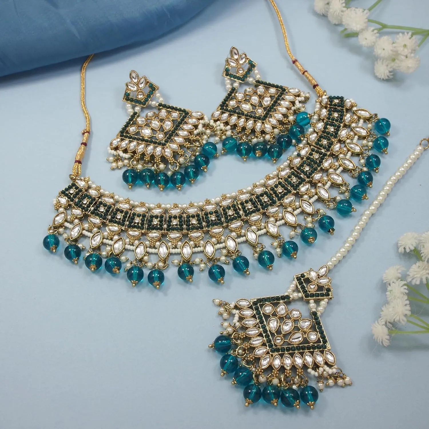 I Jewels Gold Plated Kundan Pearl Drop Choker Necklace Jewellery & Dangle Earrings Set For Women (K7273)