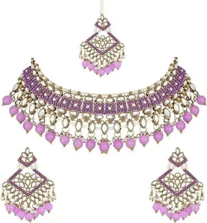 I Jewels Gold Plated Kundan Pearl Drop Choker Necklace Jewellery & Dangle Earrings Set For Women (K7273)