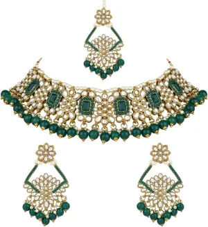 I Jewels Gold Plated Kundan Pearl Drop Choker Necklace Jewellery & Dangle Earrings Set For Women (K7274)