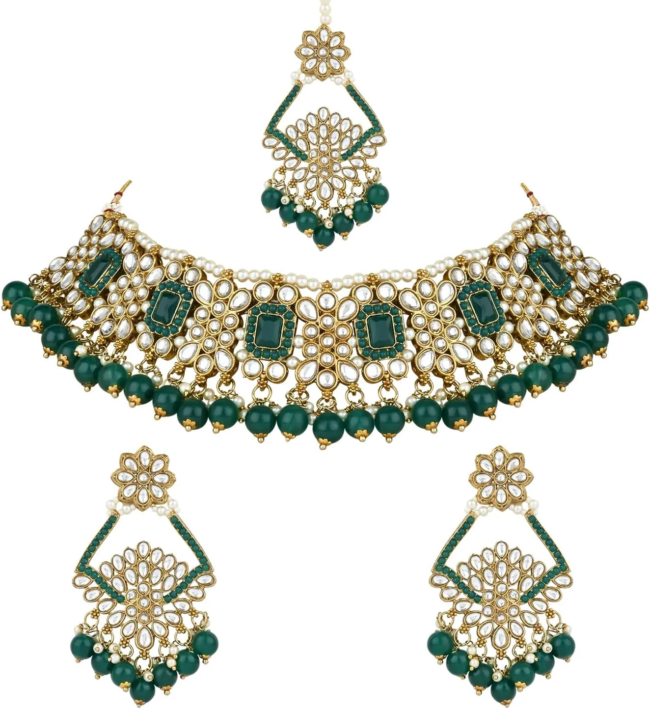 I Jewels Gold Plated Kundan Pearl Drop Choker Necklace Jewellery & Dangle Earrings Set For Women (K7274)