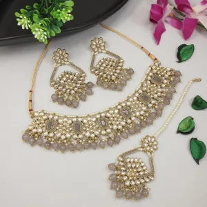 I Jewels Gold Plated Kundan Pearl Drop Choker Necklace Jewellery & Dangle Earrings Set For Women (K7274)