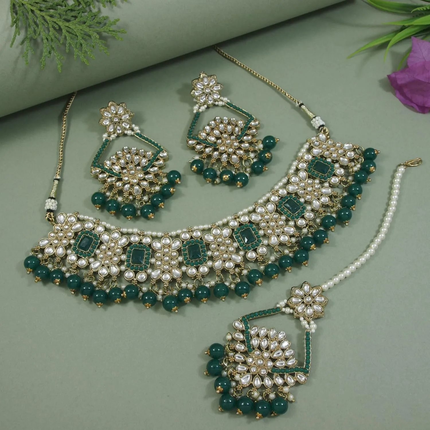 I Jewels Gold Plated Kundan Pearl Drop Choker Necklace Jewellery & Dangle Earrings Set For Women (K7274)