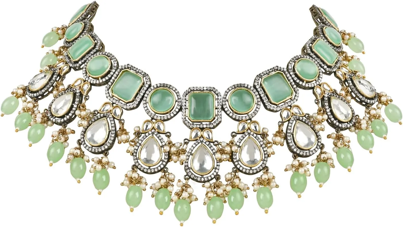 I Jewels Silver Plated Indian Wedding Bollywood Kundan Pearl Choker Neckalce Jewellery With Earring Set