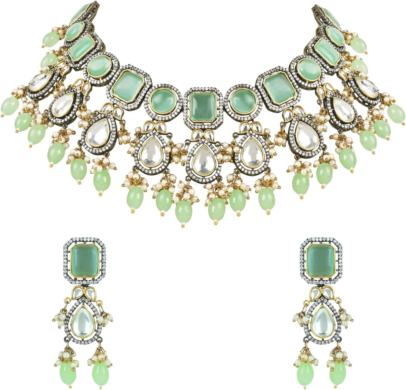 I Jewels Silver Plated Indian Wedding Bollywood Kundan Pearl Choker Neckalce Jewellery With Earring Set