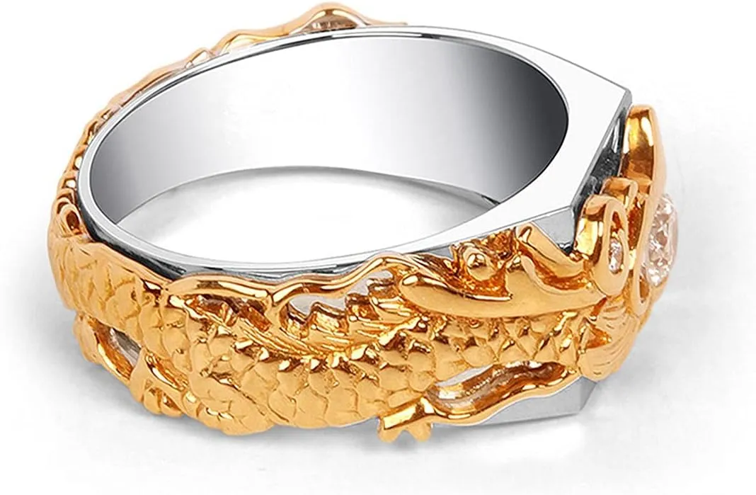 Iced Out Dragon Ring for Men - Gothic Gold Head Punk White Stone Hip Hop Retro Rock Animal Jewelry